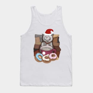 Santa cat. Funny cat with a mug of coffee and donuts. Tank Top